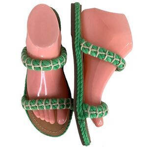 Manebi Espadrilles Slip On GreenTextile Tan Leather Flat Women’s Sandals Sz 8